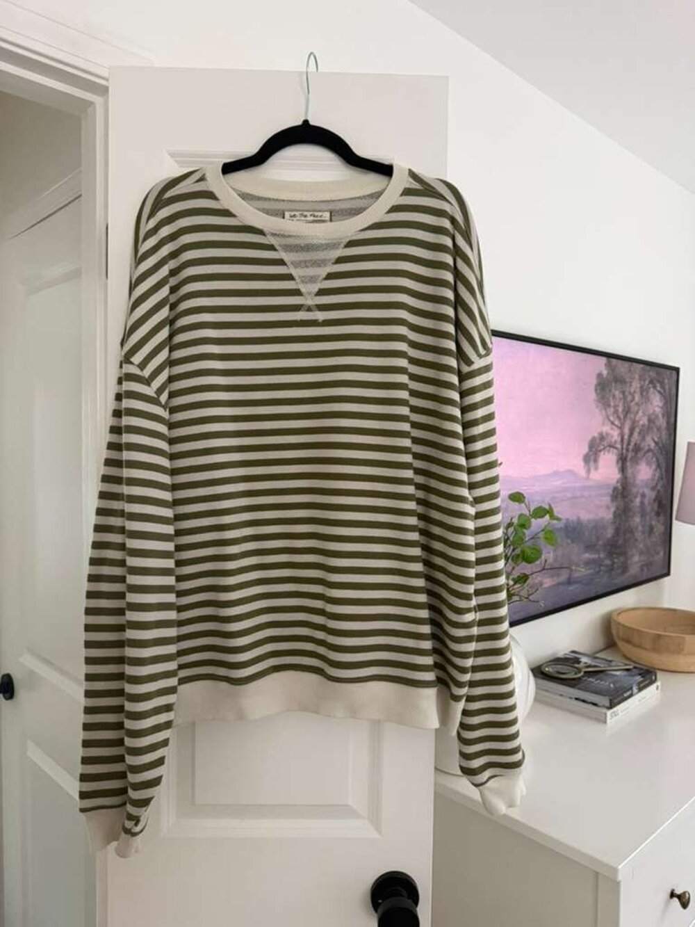 We The Free Striped Sweatshirt Women Medium Green Cream Oversized Pullover - Picture 2 of 3